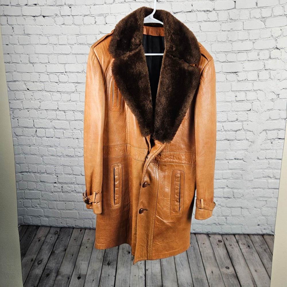 Vintage Scully Leatherwear Tan Leather Trench Coat Faux Fur Collar Mens 40